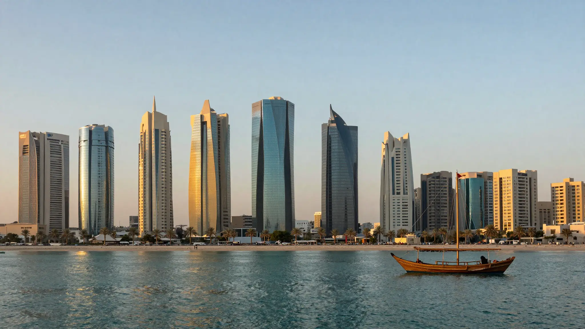 إطلالة على أفق مدينة المنامة عاصمة البحرين وأبراجها الحديثة على واجهة الخليج العربي عند الغروب